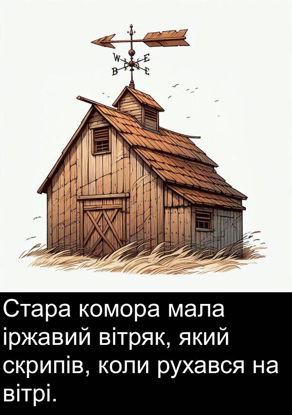 мала: Стара комора мала іржавий вітряк, який скрипів, коли рухався на вітрі.