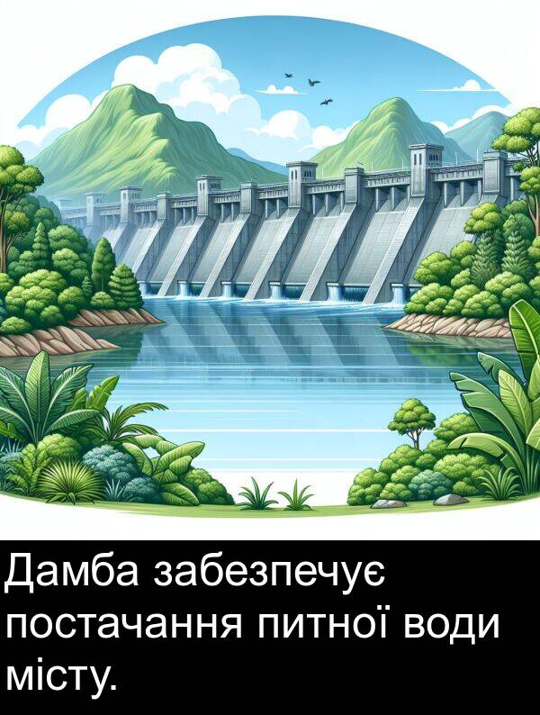 забезпечує: Дамба забезпечує постачання питної води місту.