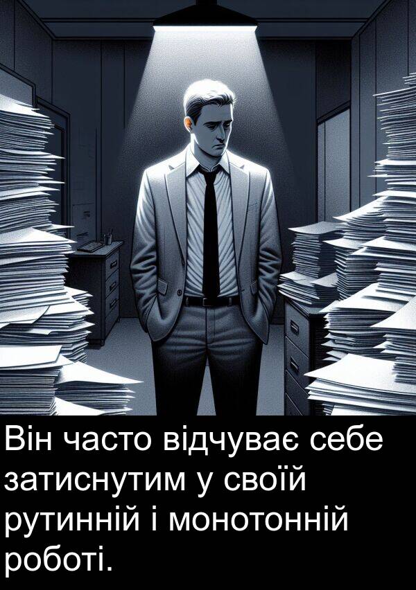 відчуває: Він часто відчуває себе затиснутим у своїй рутинній і монотонній роботі.