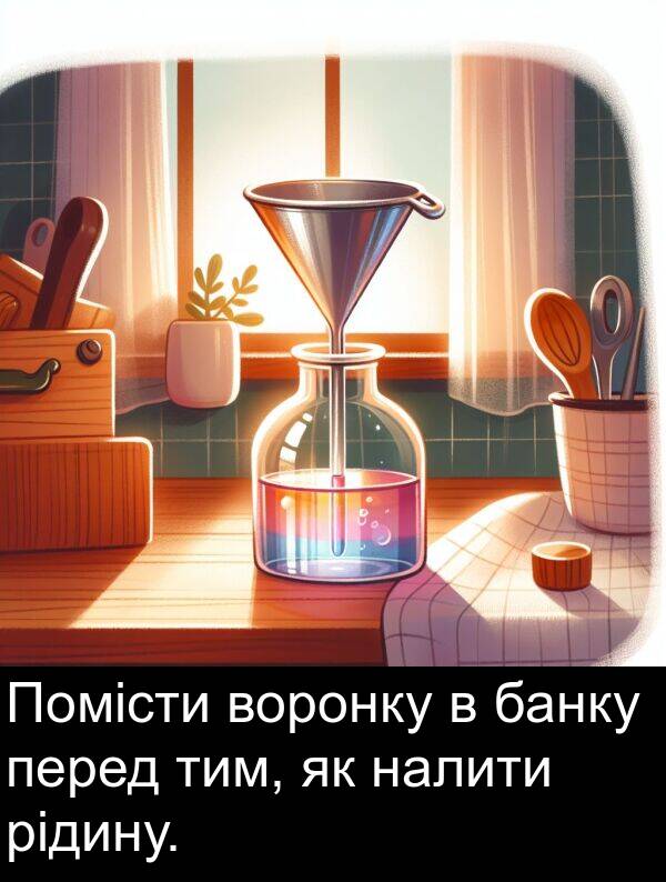 рідину: Помісти воронку в банку перед тим, як налити рідину.