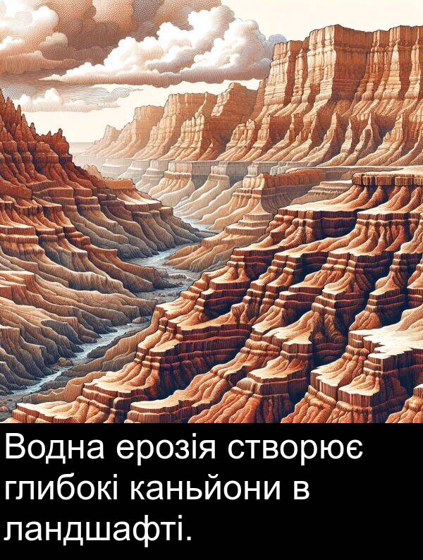 ерозія: Водна ерозія створює глибокі каньйони в ландшафті.