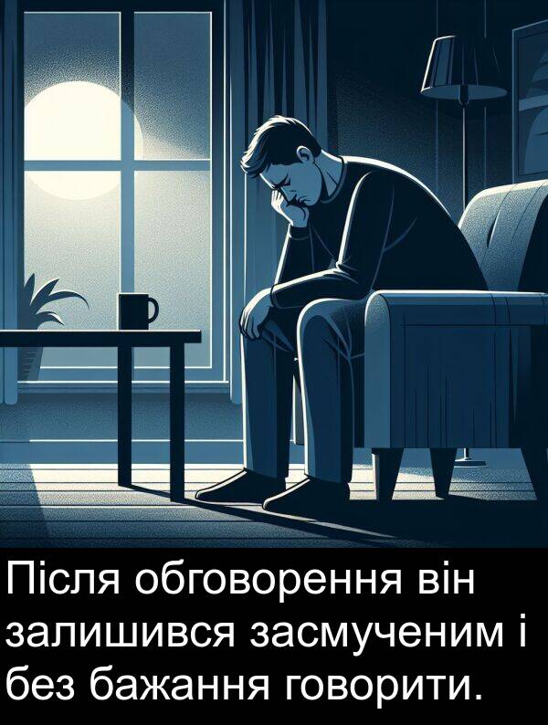 залишився: Після обговорення він залишився засмученим і без бажання говорити.