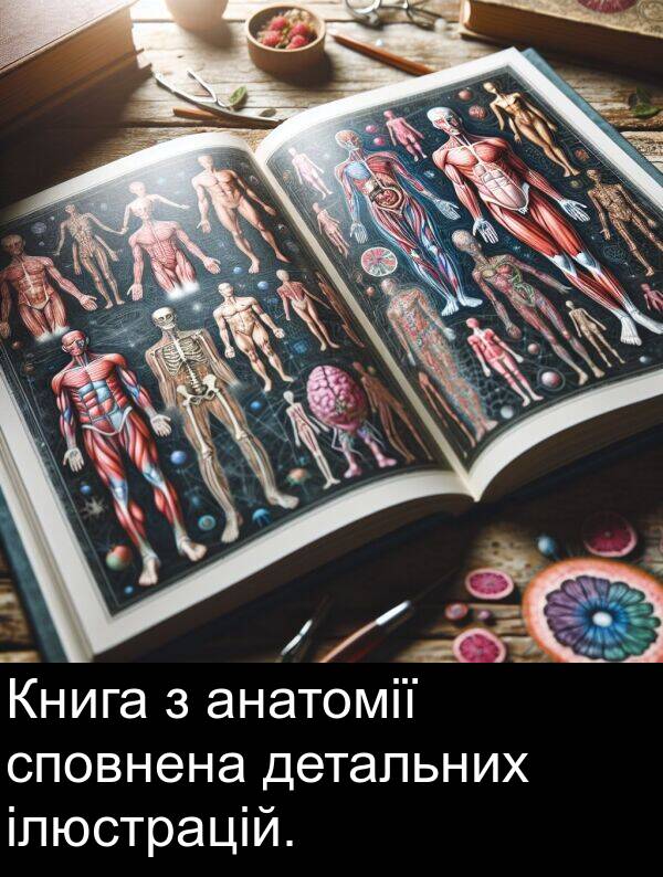 детальних: Книга з анатомії сповнена детальних ілюстрацій.