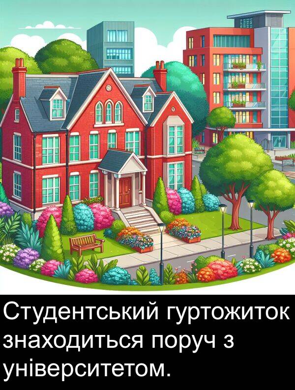 університетом: Студентський гуртожиток знаходиться поруч з університетом.