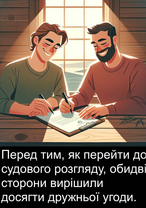 угоди: Перед тим, як перейти до судового розгляду, обидві сторони вирішили досягти дружньої угоди.