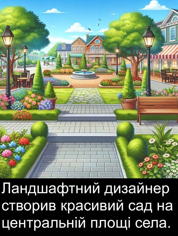дизайнер: Ландшафтний дизайнер створив красивий сад на центральній площі села.
