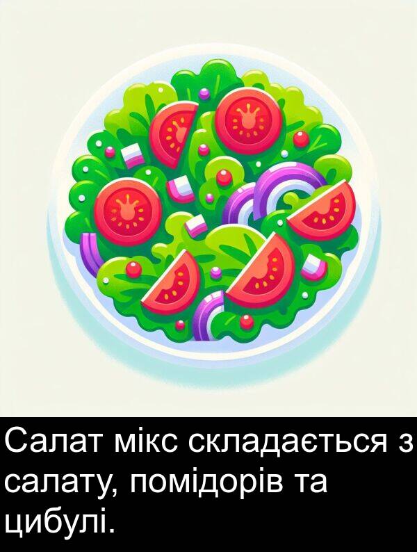 мікс: Салат мікс складається з салату, помідорів та цибулі.