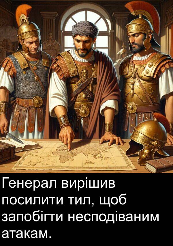 атакам: Генерал вирішив посилити тил, щоб запобігти несподіваним атакам.