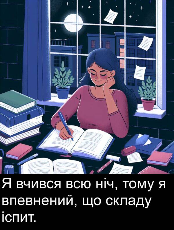 іспит: Я вчився всю ніч, тому я впевнений, що складу іспит.