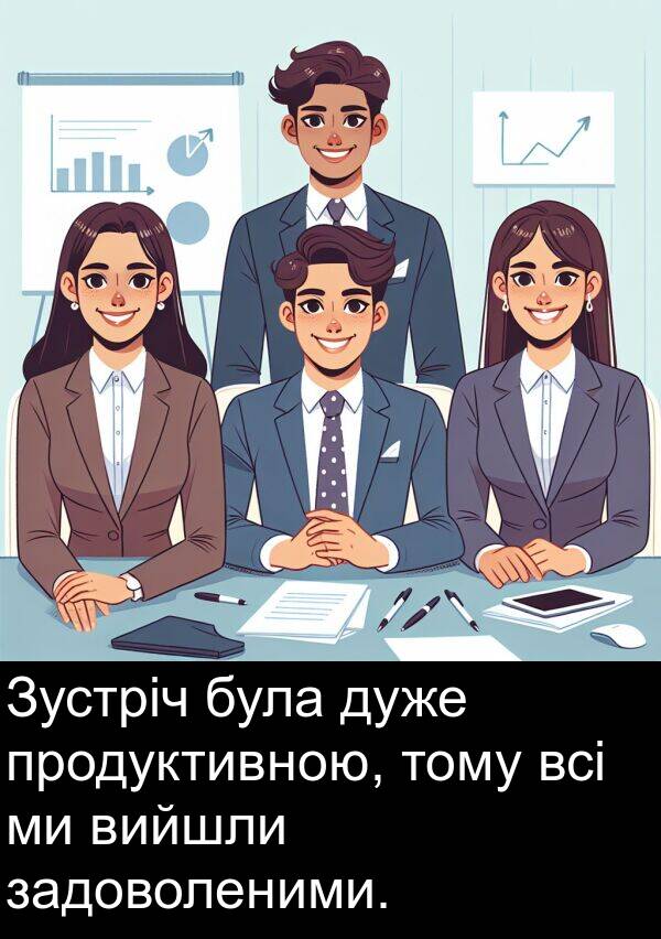 задоволеними: Зустріч була дуже продуктивною, тому всі ми вийшли задоволеними.