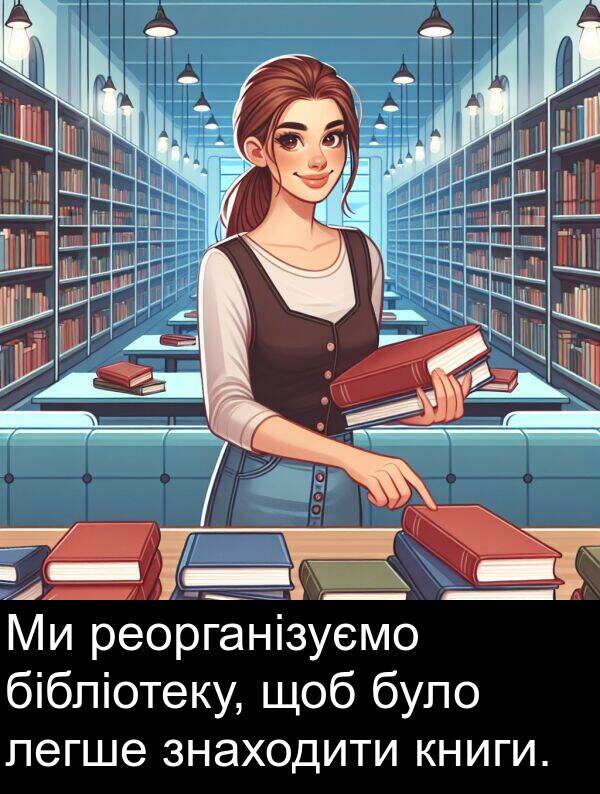 реорганізуємо: Ми реорганізуємо бібліотеку, щоб було легше знаходити книги.