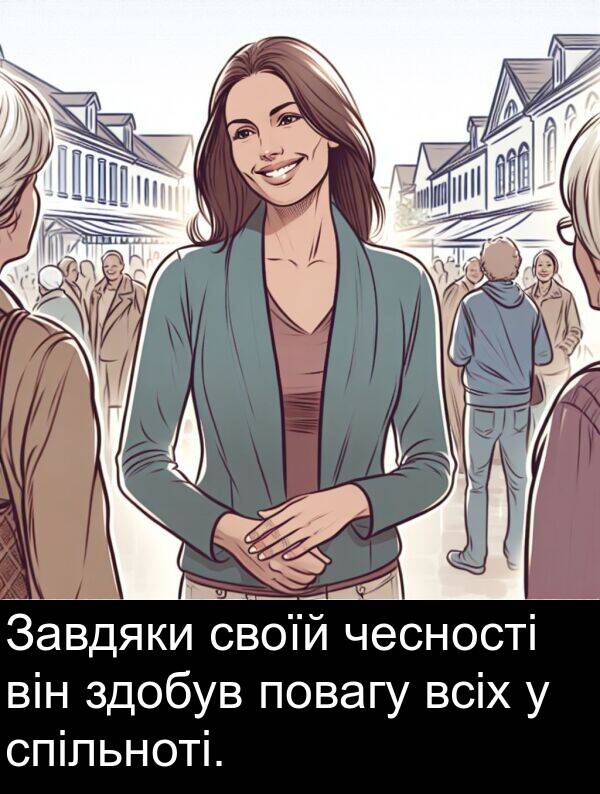 чесності: Завдяки своїй чесності він здобув повагу всіх у спільноті.
