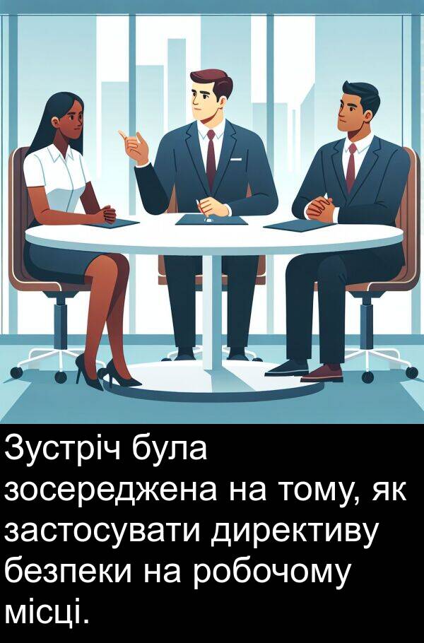 директиву: Зустріч була зосереджена на тому, як застосувати директиву безпеки на робочому місці.