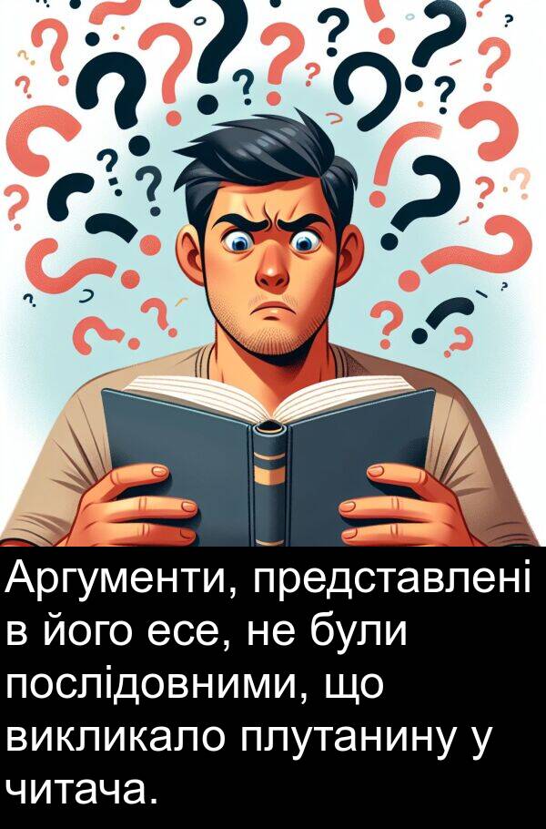 есе: Аргументи, представлені в його есе, не були послідовними, що викликало плутанину у читача.