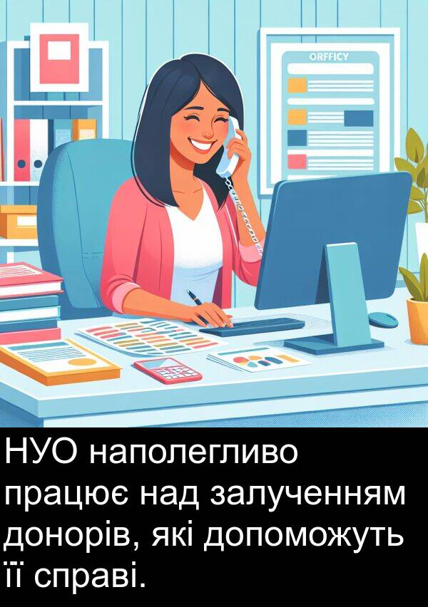 залученням: НУО наполегливо працює над залученням донорів, які допоможуть її справі.