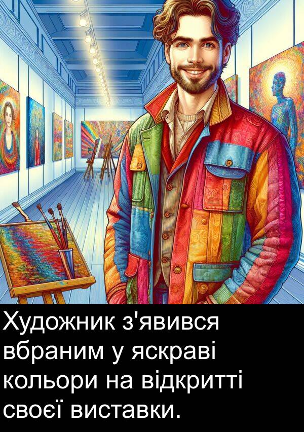 яскраві: Художник з'явився вбраним у яскраві кольори на відкритті своєї виставки.