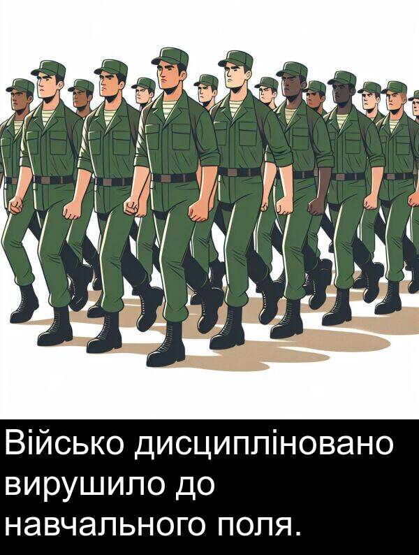 дисципліновано: Військо дисципліновано вирушило до навчального поля.