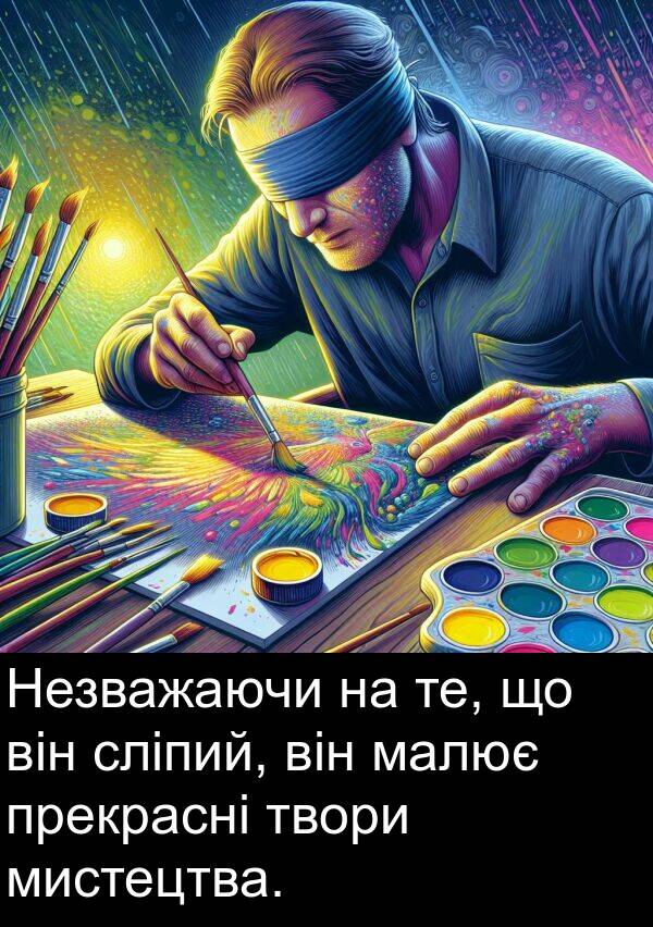 малює: Незважаючи на те, що він сліпий, він малює прекрасні твори мистецтва.