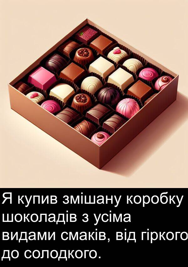 шоколадів: Я купив змішану коробку шоколадів з усіма видами смаків, від гіркого до солодкого.