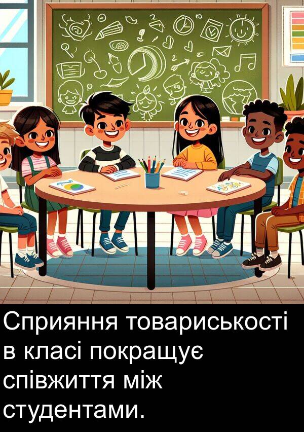 між: Сприяння товариськості в класі покращує співжиття між студентами.