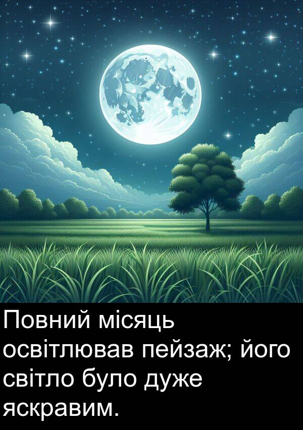 місяць: Повний місяць освітлював пейзаж; його світло було дуже яскравим.