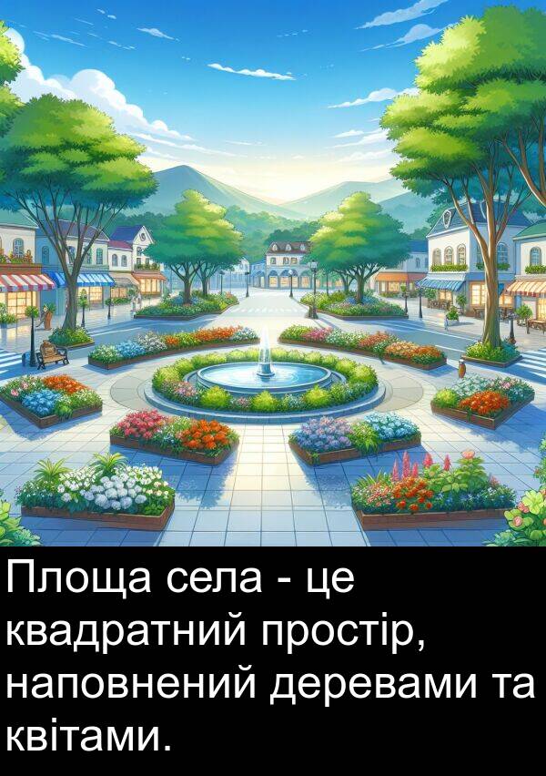 деревами: Площа села - це квадратний простір, наповнений деревами та квітами.
