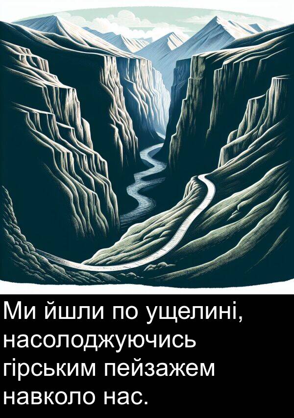 йшли: Ми йшли по ущелині, насолоджуючись гірським пейзажем навколо нас.
