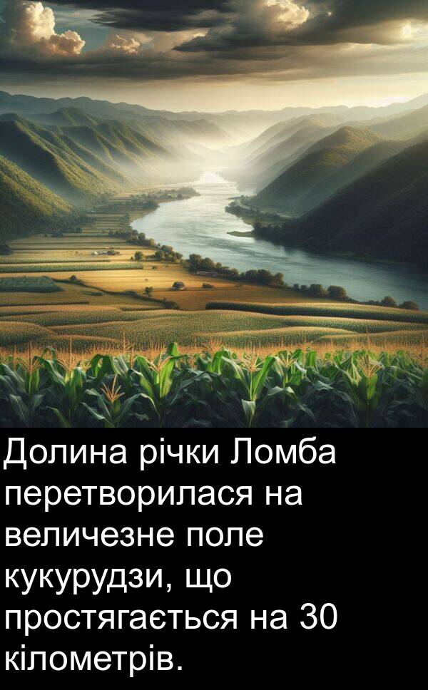 річки: Долина річки Ломба перетворилася на величезне поле кукурудзи, що простягається на 30 кілометрів.