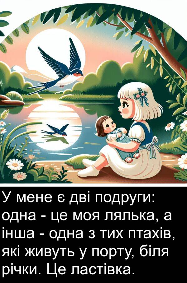 дві: У мене є дві подруги: одна - це моя лялька, а інша - одна з тих птахів, які живуть у порту, біля річки. Це ластівка.