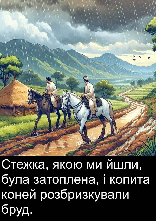 йшли: Стежка, якою ми йшли, була затоплена, і копита коней розбризкували бруд.