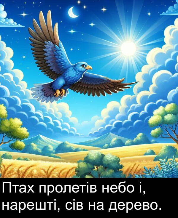 дерево: Птах пролетів небо і, нарешті, сів на дерево.