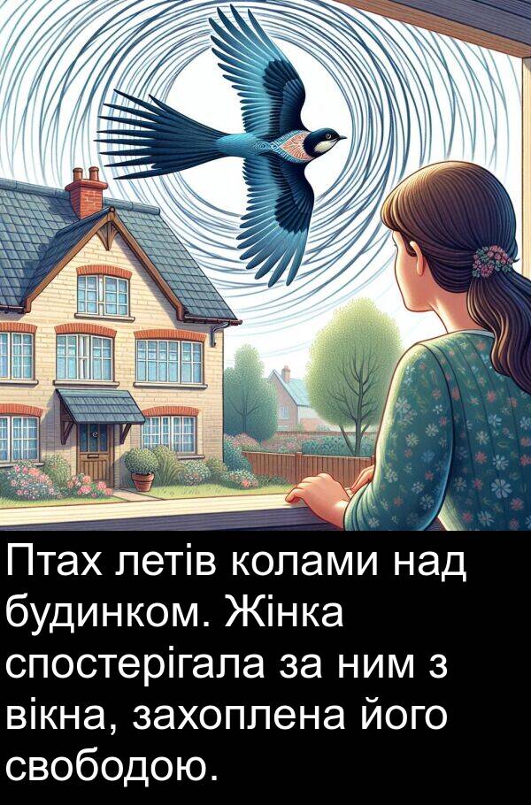 свободою: Птах летів колами над будинком. Жінка спостерігала за ним з вікна, захоплена його свободою.