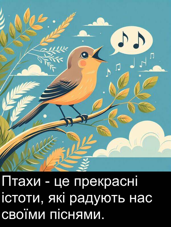 радують: Птахи - це прекрасні істоти, які радують нас своїми піснями.