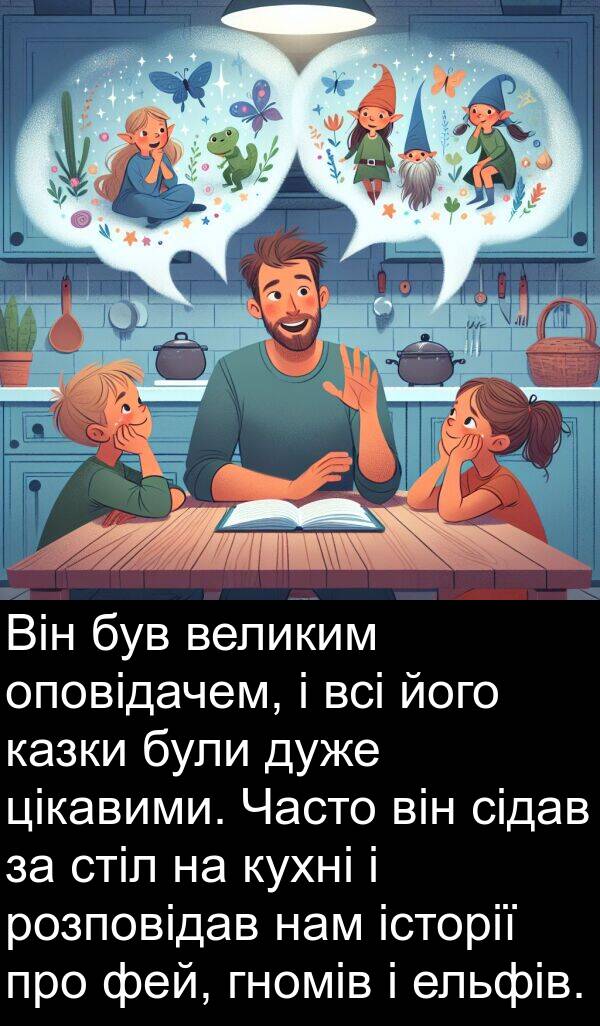 ельфів: Він був великим оповідачем, і всі його казки були дуже цікавими. Часто він сідав за стіл на кухні і розповідав нам історії про фей, гномів і ельфів.