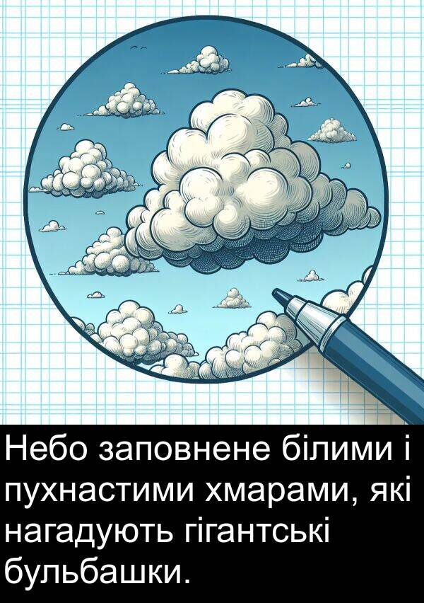 нагадують: Небо заповнене білими і пухнастими хмарами, які нагадують гігантські бульбашки.