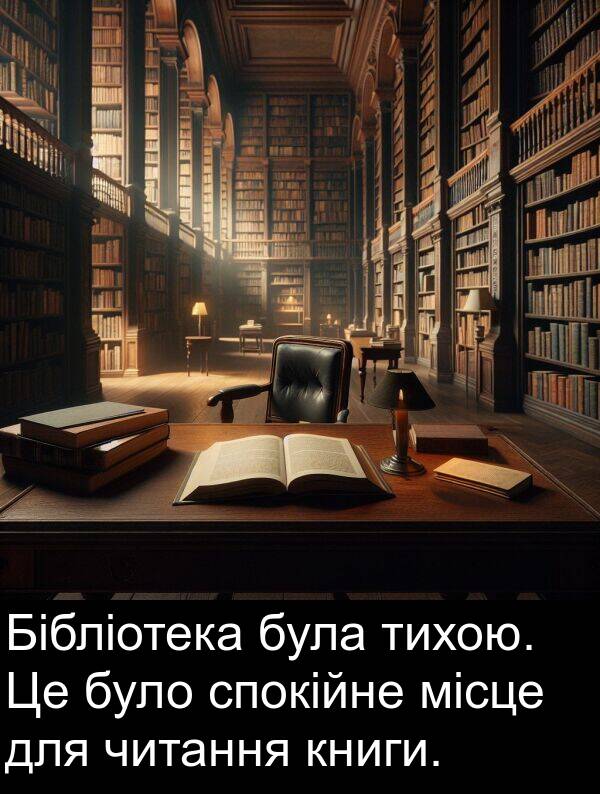 місце: Бібліотека була тихою. Це було спокійне місце для читання книги.