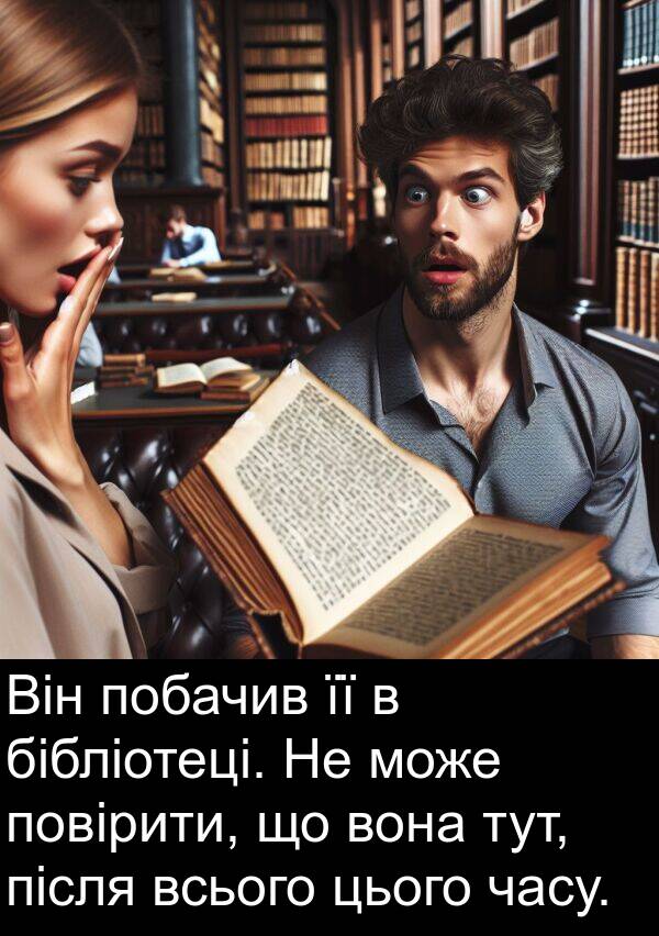 після: Він побачив її в бібліотеці. Не може повірити, що вона тут, після всього цього часу.