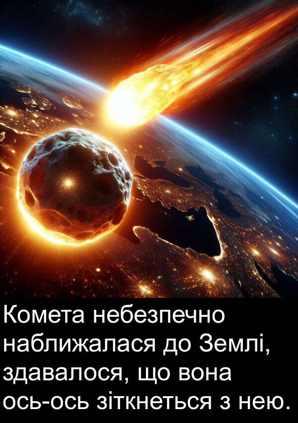 зіткнеться: Комета небезпечно наближалася до Землі, здавалося, що вона ось-ось зіткнеться з нею.