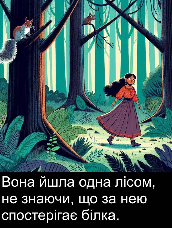 йшла: Вона йшла одна лісом, не знаючи, що за нею спостерігає білка.
