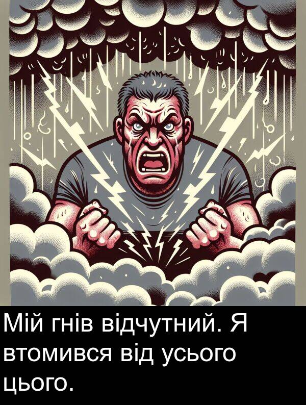 усього: Мій гнів відчутний. Я втомився від усього цього.