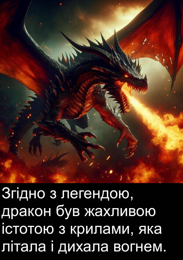 дихала: Згідно з легендою, дракон був жахливою істотою з крилами, яка літала і дихала вогнем.