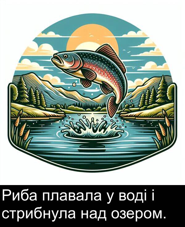 озером: Риба плавала у воді і стрибнула над озером.