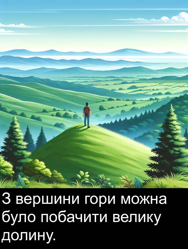 долину: З вершини гори можна було побачити велику долину.