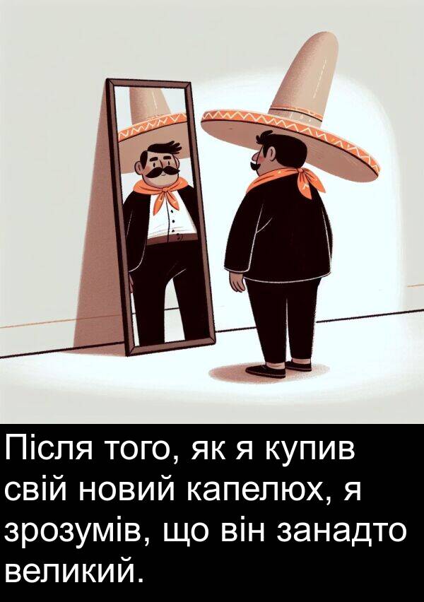 занадто: Після того, як я купив свій новий капелюх, я зрозумів, що він занадто великий.