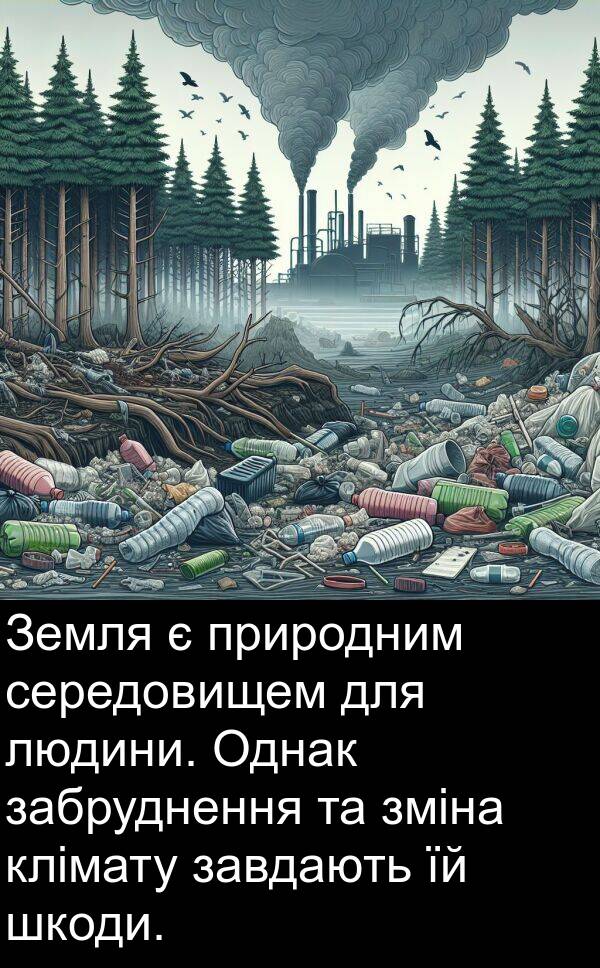 забруднення: Земля є природним середовищем для людини. Однак забруднення та зміна клімату завдають їй шкоди.