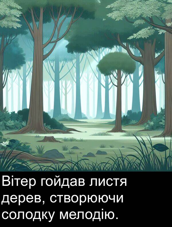 дерев: Вітер гойдав листя дерев, створюючи солодку мелодію.
