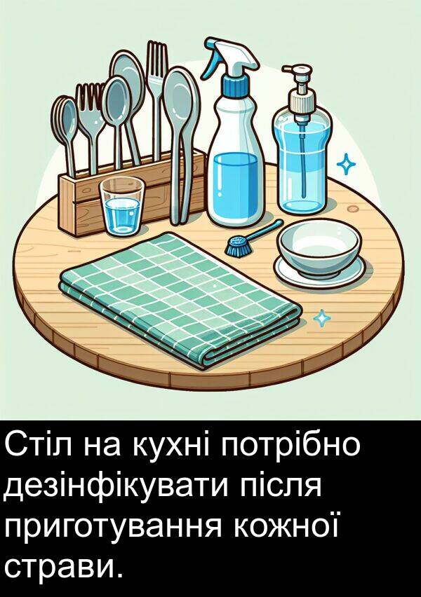 дезінфікувати: Стіл на кухні потрібно дезінфікувати після приготування кожної страви.