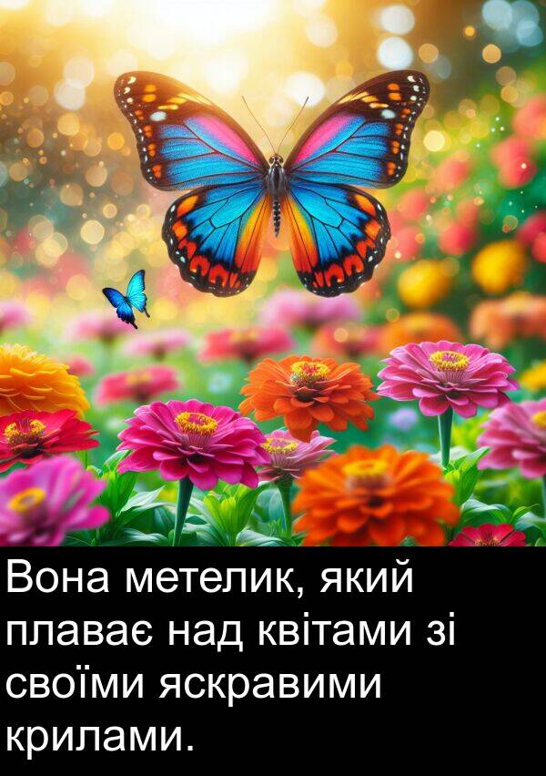 своїми: Вона метелик, який плаває над квітами зі своїми яскравими крилами.