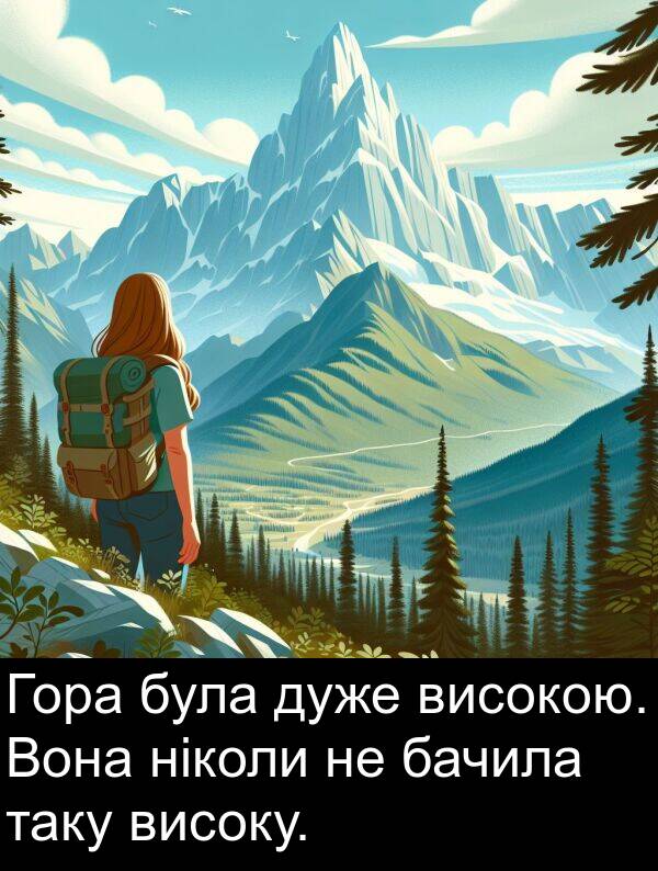 ніколи: Гора була дуже високою. Вона ніколи не бачила таку високу.