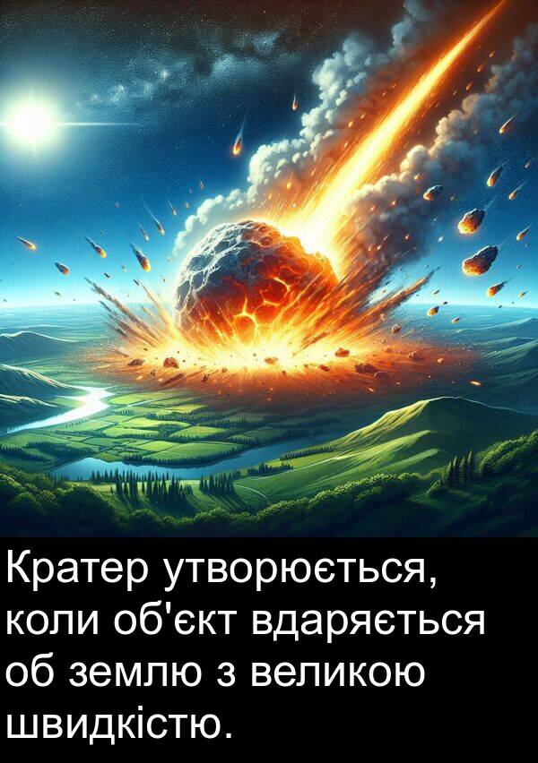 утворюється: Кратер утворюється, коли об'єкт вдаряється об землю з великою швидкістю.